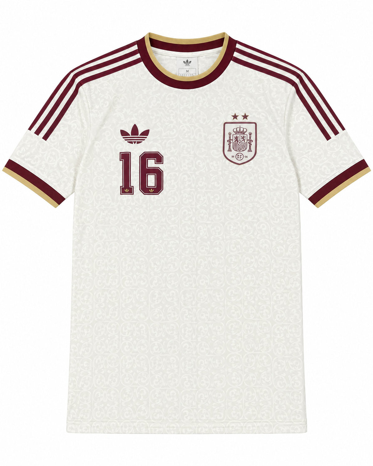 Frontal de la camiseta blanco roto España away con escudo, trébol adidas y número 16 en granate