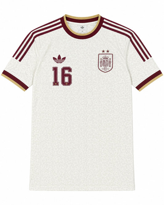 Frontal de la camiseta blanco roto España away con escudo, trébol adidas y número 16 en granate