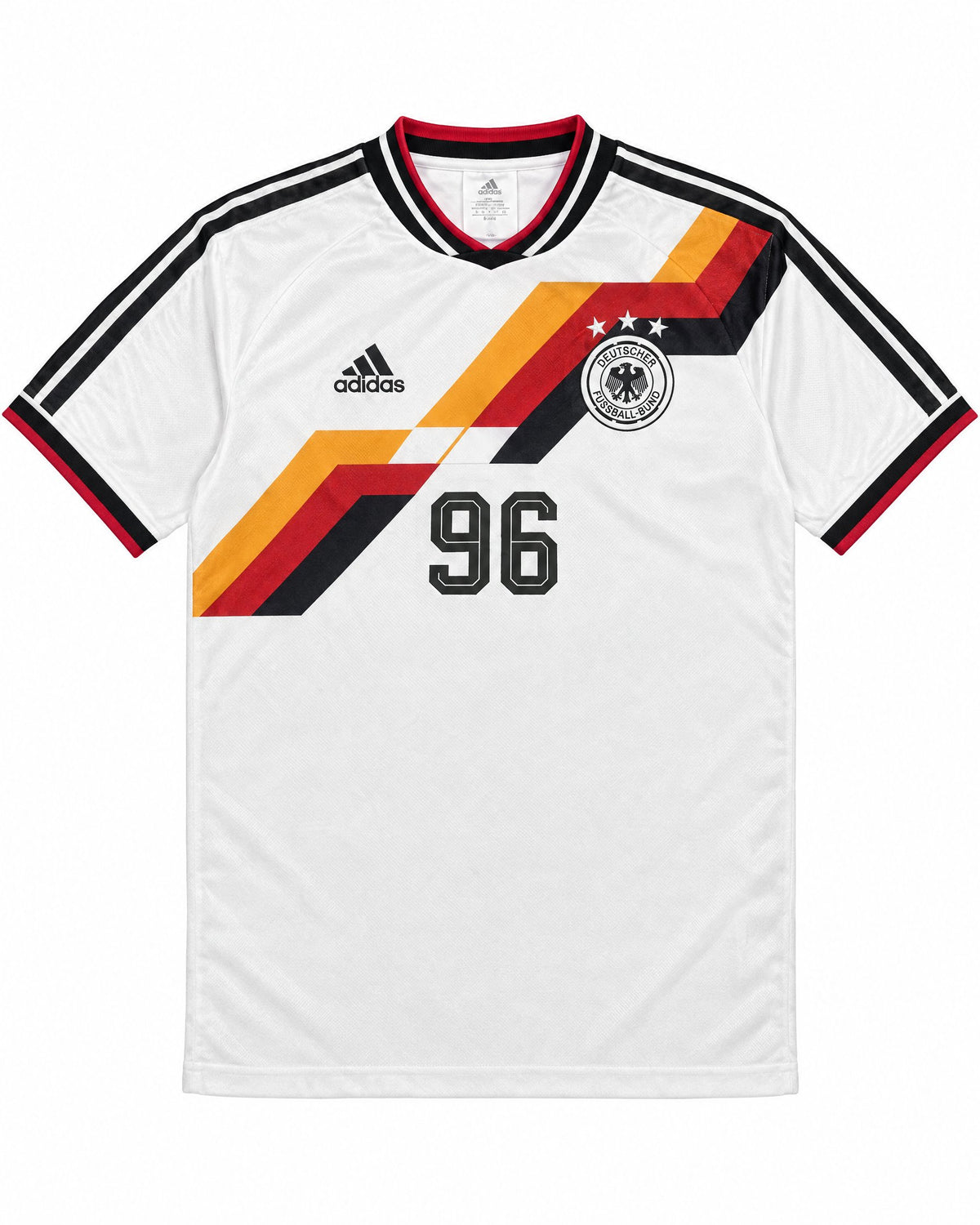 Frontal de la camiseta blanca Alemania retro 1990 con gráfico negro, rojo y amarillo, escudo DFB y número 96