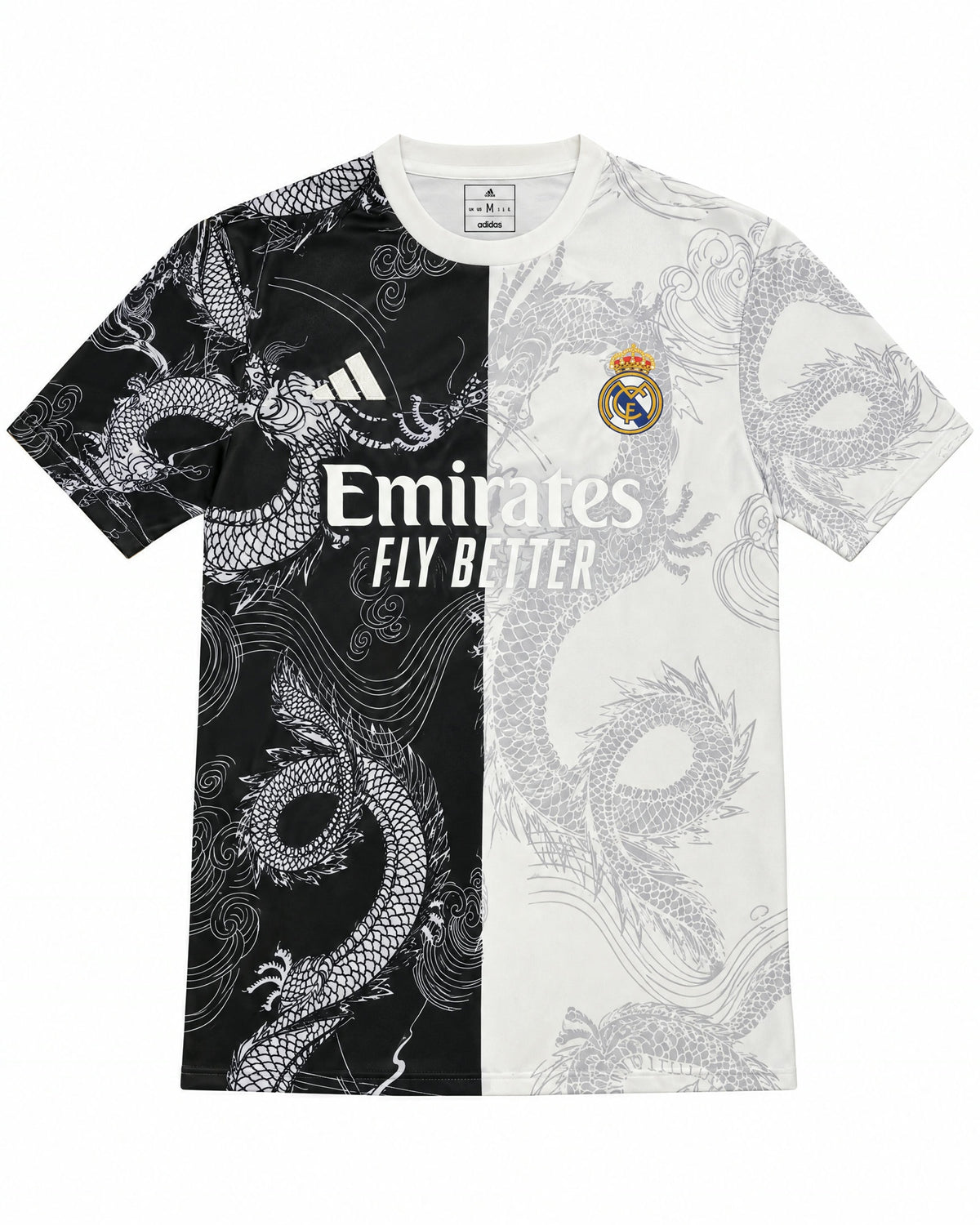 Frontal de la camiseta Real Madrid edición dragón blanca y negra, escudo y patrocinador Emirates