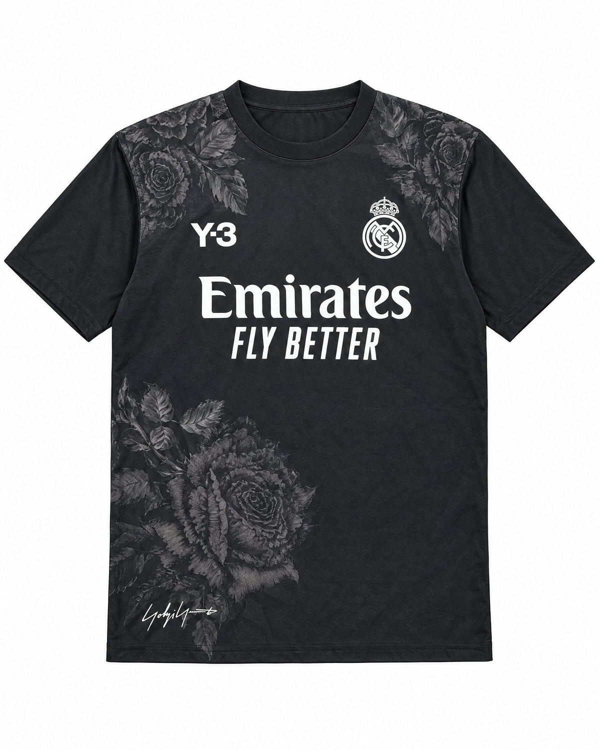 Frontal de la camiseta negra Real Madrid Y-3 con rosas, logo Y-3, escudo y patrocinador Emirates