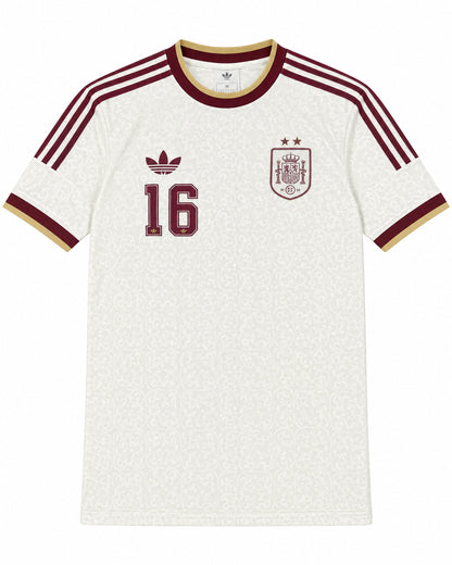 Frontal de la camiseta blanco roto España away con escudo, trébol adidas y número 16 en granate
