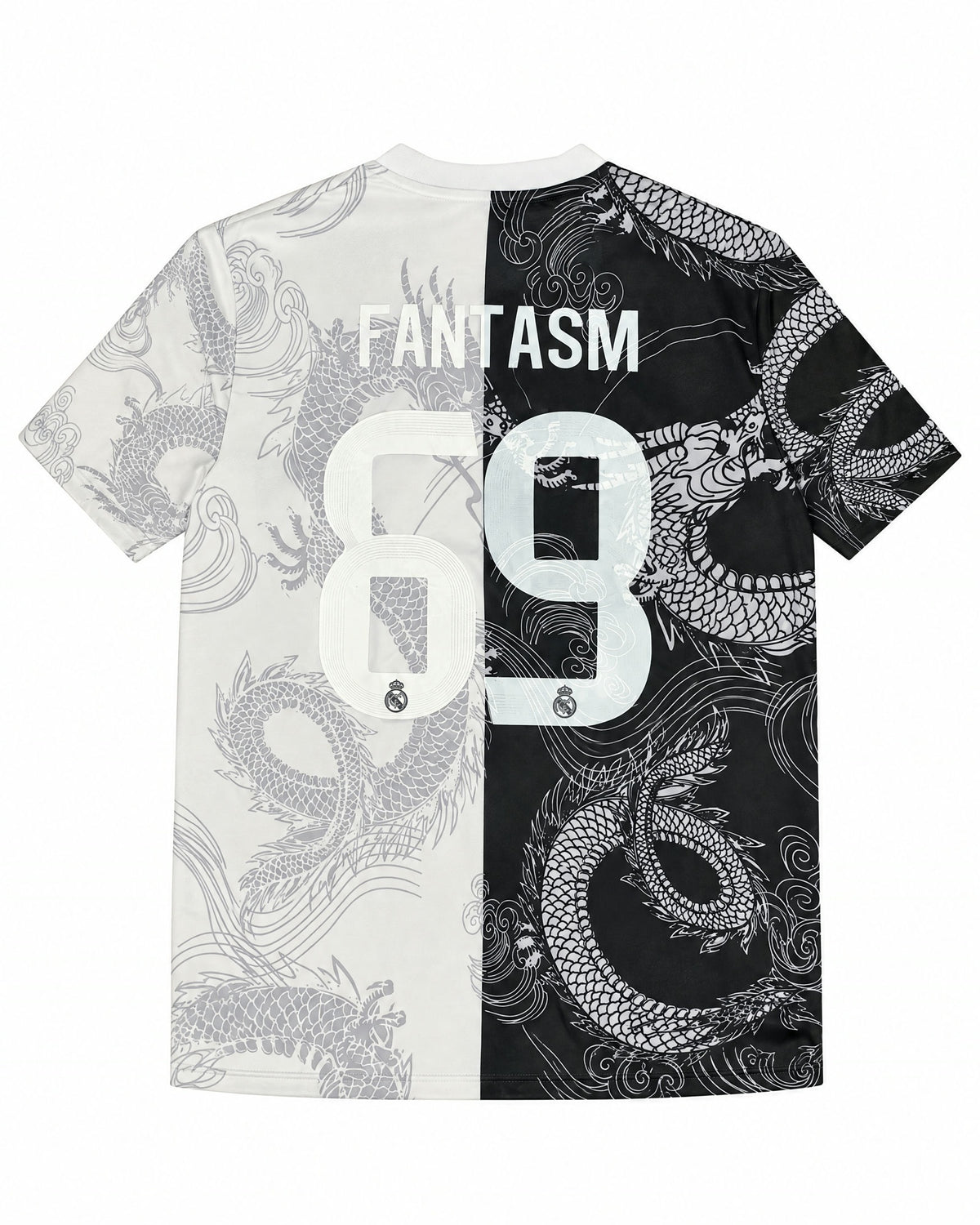 Espalda de la camiseta Real Madrid edición dragón blanca y negra con el nombre Fantasm y el número 69