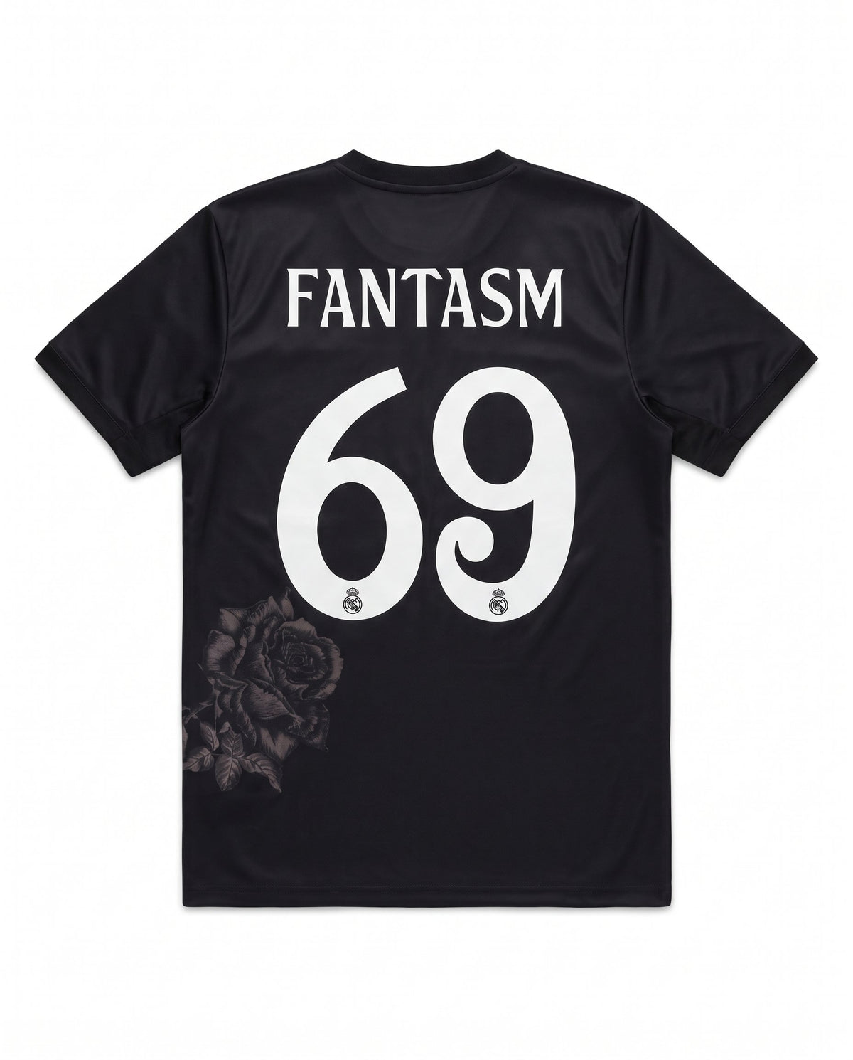 Espalda de la camiseta negra Real Madrid Y-3 con rosas grises, nombre Fantasm y número 69 en blanco
